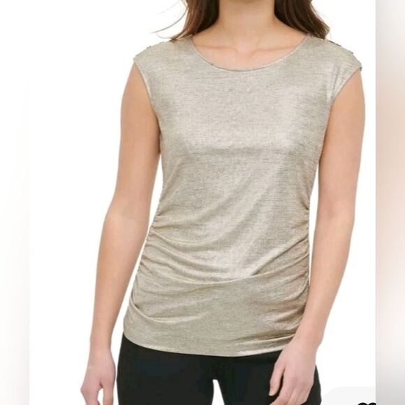 Calvin Klein S Metallic Button Shoulder Knit Top Gold Metallic Women Top Blouse - Picture 1 of 9